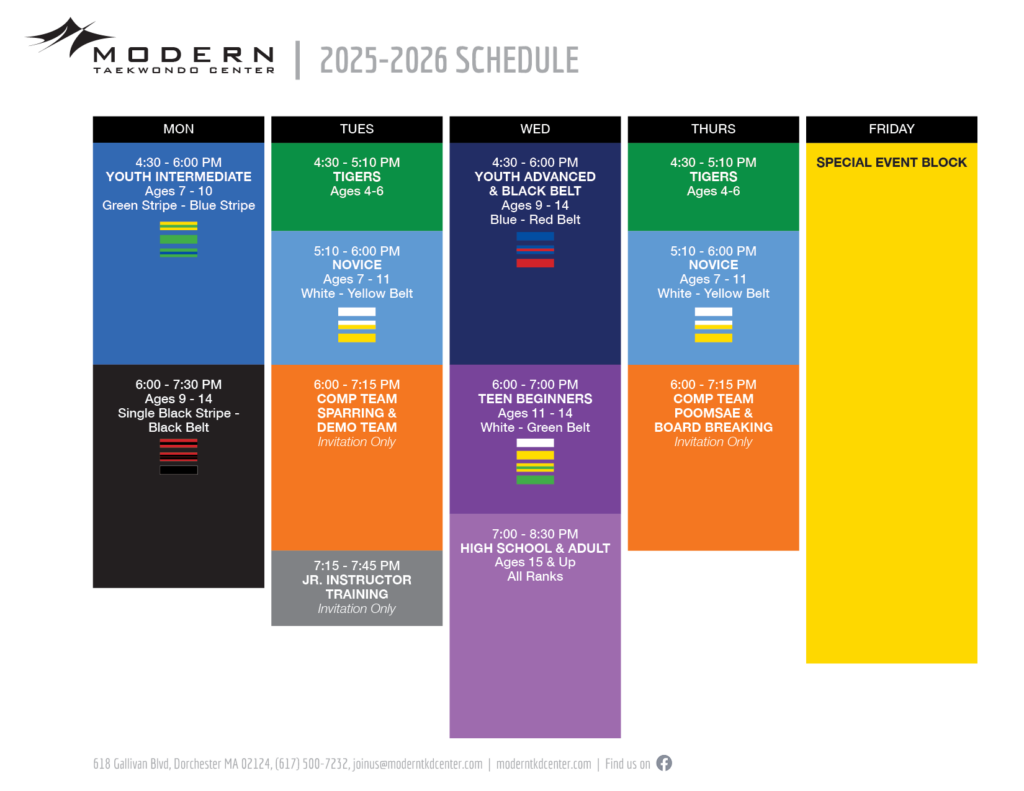 graphic schedule of 2025-26 weekly classes